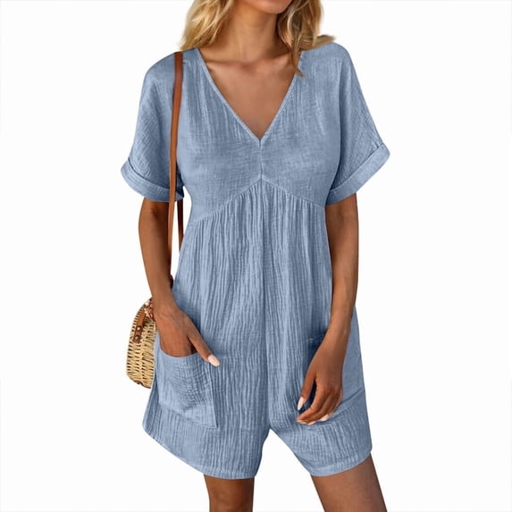 ZEHJUHAN Women's Solid Color Casual Chic V-Neck Romper - Short Sleeve Jumpsuit with Pockets for Summer Sky Blue，M
