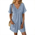 thumbnail image 1 of ZEHJUHAN Women's Solid Color Casual Chic V-Neck Romper - Short Sleeve Jumpsuit with Pockets for Summer Sky Blue，M, 1 of 17