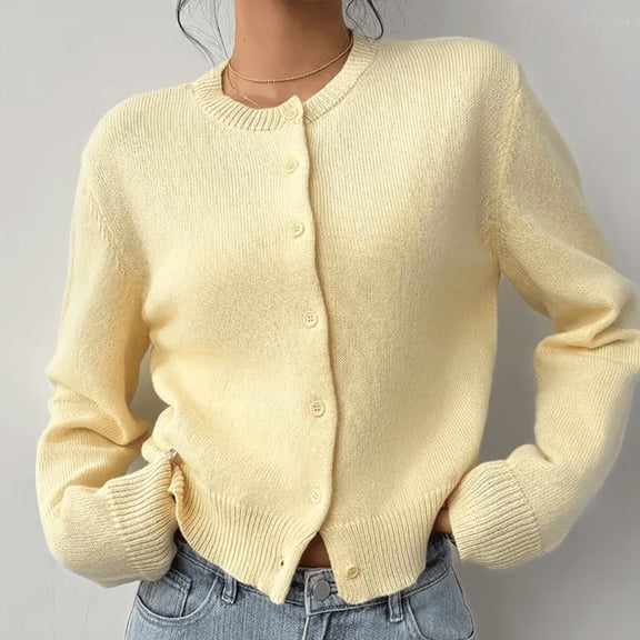 ZEHJUHAN Women's Solid Color Cropped Cardigan - Button Front Knit Sweater with Ribbed Trim For Fall Winter Yellow,XL