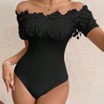 thumbnail image 1 of ZEHJUHAN Women's Solid Color Lace Off The Shoulder Bodysuit Floral Short Sleeve Jumpsuit Sexy Party Outfit Black，XS, 1 of 3