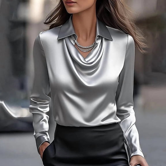 ZEHJUHAN Women's Solid Color Pleated Shirt Collar Long Sleeve Blouse Elegant Casual Office Shirt for Fall Spring Gray,M