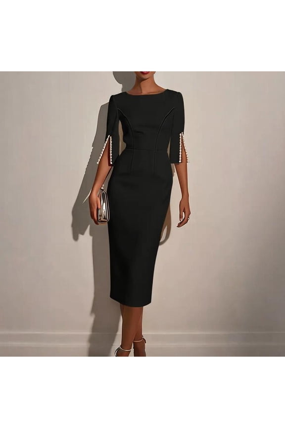 Women's Solid Color Round Neck Formal Gown with Slit Pearl Embellished Sleeves Back Zipper Bodycon Dress Blackļ¼2XL