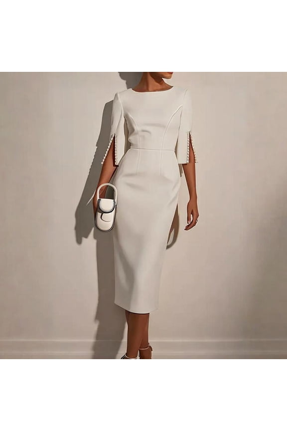 Women's Solid Color Round Neck Formal Gown with Slit Pearl Embellished Sleeves Back Zipper Bodycon Dress White，2XL