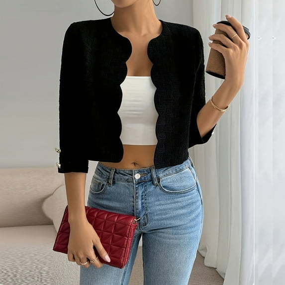 ZEHJUHAN Women's Solid Color Textured Short Jacket - 3/4 Sleeve Wave edge Casual Spring Summer Cover Up Black，S