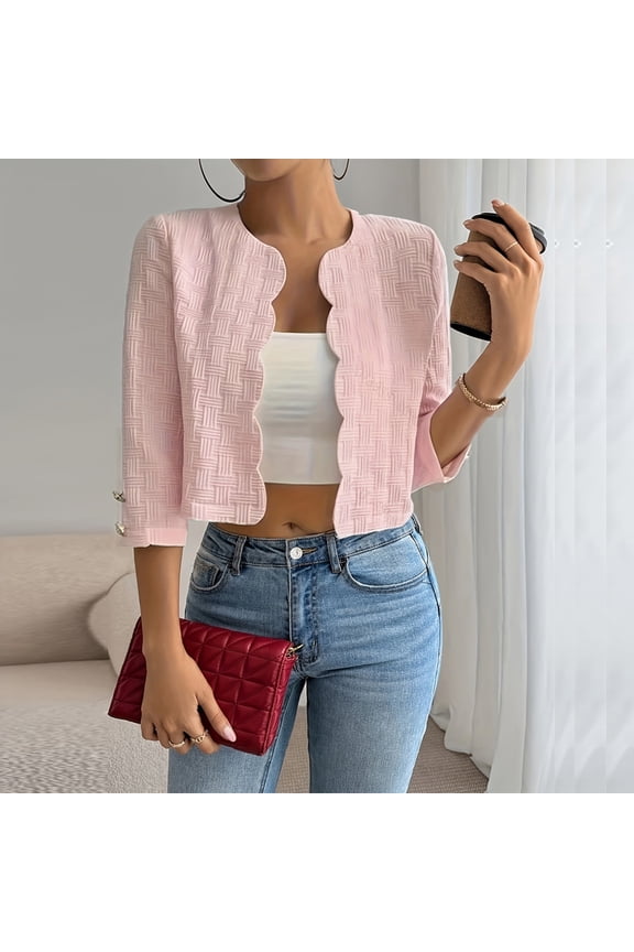 Women's Solid Color Textured Short Jacket - 3/4 Sleeve Wave edge Casual Spring Summer Cover Up Pink，M