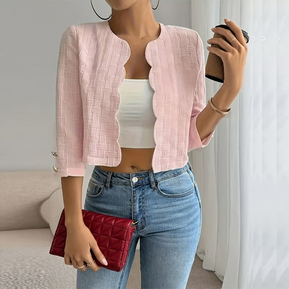 ZEHJUHAN Women's Solid Color Textured Short Jacket - 3/4 Sleeve Wave edge Casual Spring Summer Cover Up Pink,M