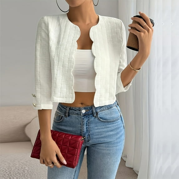 ZEHJUHAN Women's Solid Color Textured Short Jacket - 3/4 Sleeve Wave edge Casual Spring Summer Cover Up White，XXL