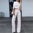 thumbnail image 1 of ZEHJUHAN Women's Solid Color Two-Piece Set Crew Neck Mid-Sleeve Top and Wide-Leg Pants with Pockets Office Casual Outfit White，S, 1 of 4