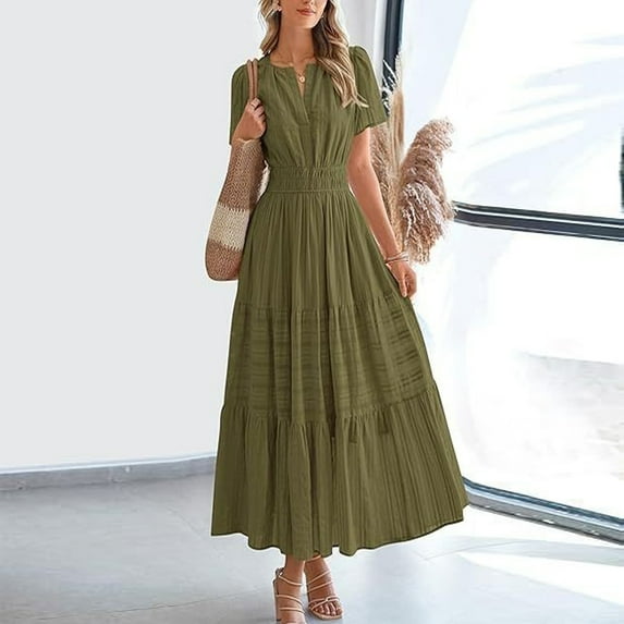 ZEHJUHAN Women's Solid Color V-Neck Short Sleeve Maxi Dress with Elastic Waist A-Line Ruffle Hem Summer Casual Dress Army Green,S