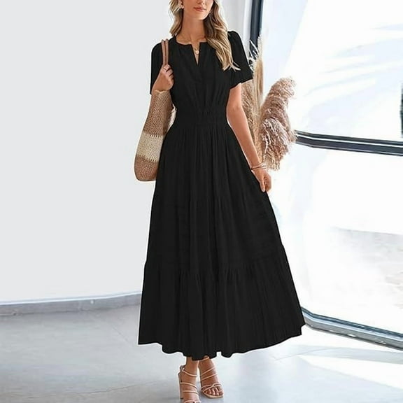 ZEHJUHAN Women's Solid Color V-Neck Short Sleeve Maxi Dress with Elastic Waist A-Line Ruffle Hem Summer Casual Dress Black，S