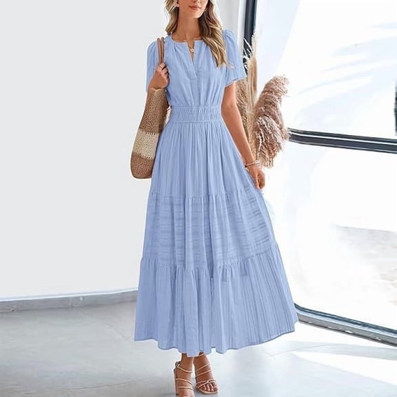 ZEHJUHAN Women's Solid Color V-Neck Short Sleeve Maxi Dress with Elastic Waist A-Line Ruffle Hem Summer Casual Dress Light Blue,L