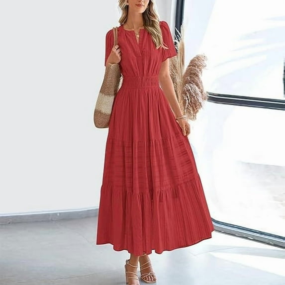 ZEHJUHAN Women's Solid Color V-Neck Short Sleeve Maxi Dress with Elastic Waist A-Line Ruffle Hem Summer Casual Dress Red,L