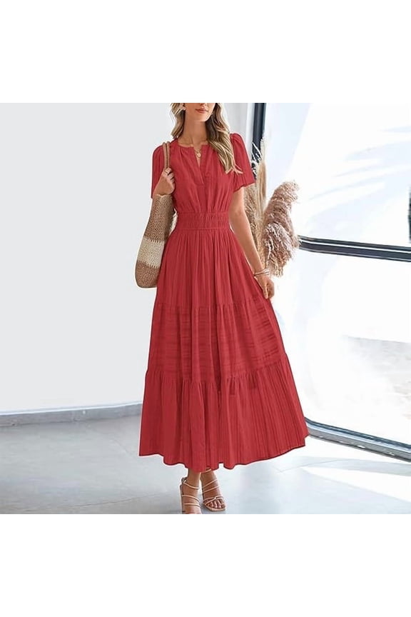 Women's Solid Color V-Neck Short Sleeve Maxi Dress with Elastic Waist A-Line Ruffle Hem Summer Casual Dress Red,S