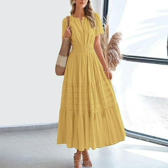 ZEHJUHAN Women's Solid Color V-Neck Short Sleeve Maxi Dress with Elastic Waist A-Line Ruffle Hem Summer Casual Dress Yellow，M