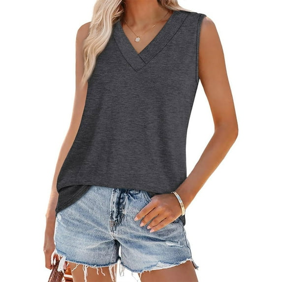 ZEHJUHAN Women's Solid Color V-Neck Sleeveless Tank Top - Basic Stretchy Summer Tee Dark Gray,S