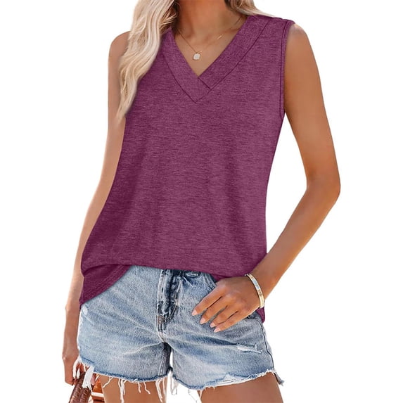 ZEHJUHAN Women's Solid Color V-Neck Sleeveless Tank Top - Basic Stretchy Summer Tee Purple,XL