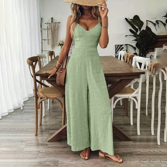 ZEHJUHAN Women's Solid Color V-Neck Wide Leg Jumpsuit with Adjustable Straps Back Tie Backless Design Summer Vacation Wear Green，XXL