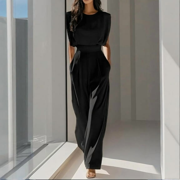 ZEHJUHAN Women's Solid Color Wide-Leg Jumpsuit Short Sleeve Crew Neck with Pockets Pleated Waist for Casual Office Wear Black，S
