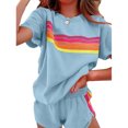 thumbnail image 1 of ZEHJUHAN Women's Summer Round Neck Short Sleeve 2-Piece Set - Striped Casual Top & Shorts Outfit Blue，S, 1 of 6