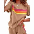 thumbnail image 1 of ZEHJUHAN Women's Summer Round Neck Short Sleeve 2-Piece Set - Striped Casual Top & Shorts Outfit Brown，S, 1 of 5