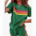 thumbnail image 1 of ZEHJUHAN Women's Summer Round Neck Short Sleeve 2-Piece Set - Striped Casual Top & Shorts Outfit Green，S, 1 of 5