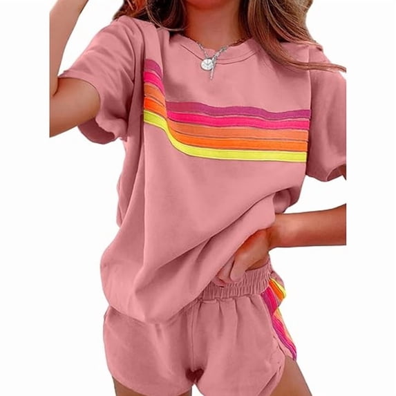 ZEHJUHAN Women's Summer Round Neck Short Sleeve 2-Piece Set - Striped Casual Top & Shorts Outfit Pink,XXL