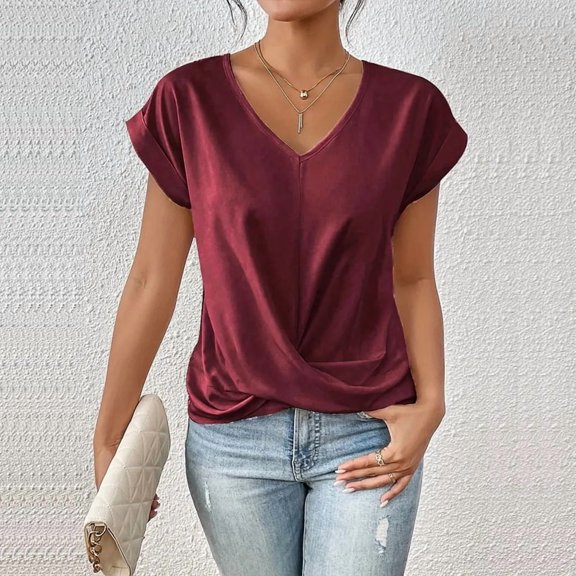 ZEHJUHAN Women's Twist-Front V-Neck Tee - Elegant Knotted Detail Short Sleeve Blouse for Summer Wine Red，XL