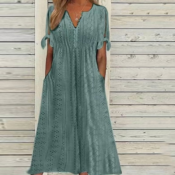 ZEHJUHAN Women's V-Neck Maxi Dress Short Sleeve Lace Flowy Beach Sundress for Summer Special Occasions Dark Green,M