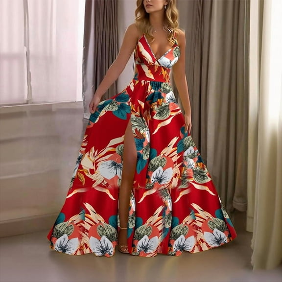 ZEHJUHAN Women's V-Neck Sleeveless Slit Maxi Sexy Back Tie A-Line Flowy Beach Dress For Summer Vacation Red print，XL