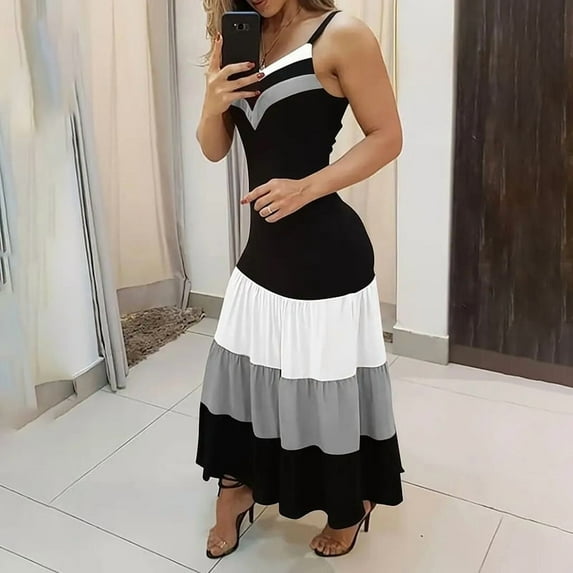 ZEHJUHAN Women's V-Neck Tri-Color Spliced Slip Flowy A-Line Summer Maxi Dress Vacation Boho Beach Dress Gray,S