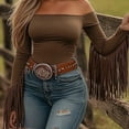 thumbnail image 1 of ZEHJUHAN Women's Western Solid Color Off The Shoulder Long Sleeve Blouse with Fringe Boho Tight Fit Shirt for Spring Brown，S, 1 of 5