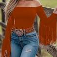 thumbnail image 1 of ZEHJUHAN Women's Western Solid Color Off The Shoulder Long Sleeve Blouse with Fringe Boho Tight Fit Shirt for Spring Orange，XL, 1 of 5