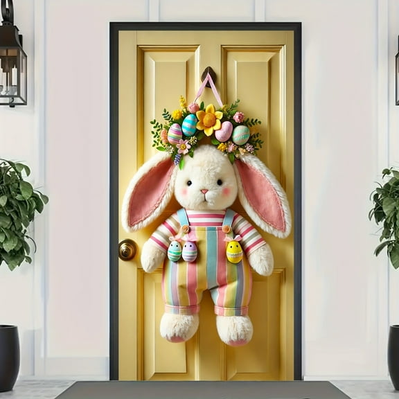 ZEIDO Easter Decorations Happy Easter Door Cover 2025 Spring Easter Bunny Hanging Decoration for Front Door, Easter Theme Party Decorations for Door Wall Indoor Outdoor, 70.8 x 35.16 Inch M