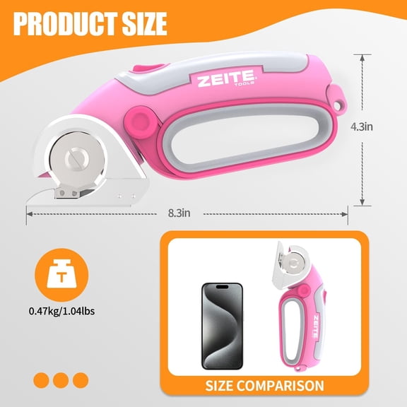 ZEITE 4V Cordless Electric Scissors Cardboard Cutter with 2 x Blades,1 x Storage Case,1 x USB Charging Cable,Rotary Cutter for Box Plastic Carpet Fabric, Easy to Hold and Safety,Pink