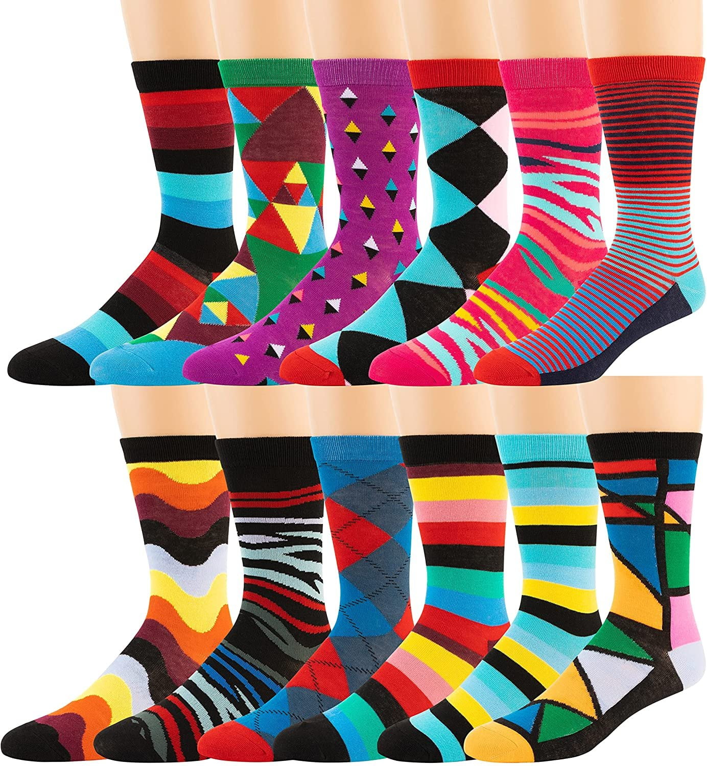 Zeke Men S Pattern Dress Funky Fun Colorful Crew Socks 12 Assorted Patterns Variation B 12 16