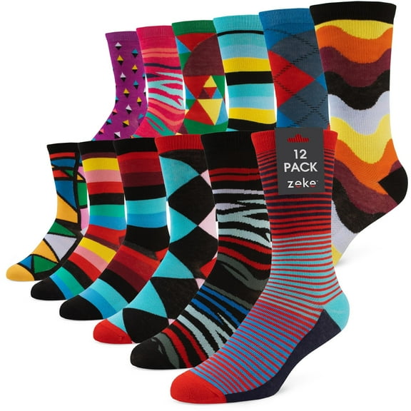 ZEKE Men's Pattern Dress Funky Fun Colorful Crew Socks 12 Assorted Patterns Variation B, 12-16