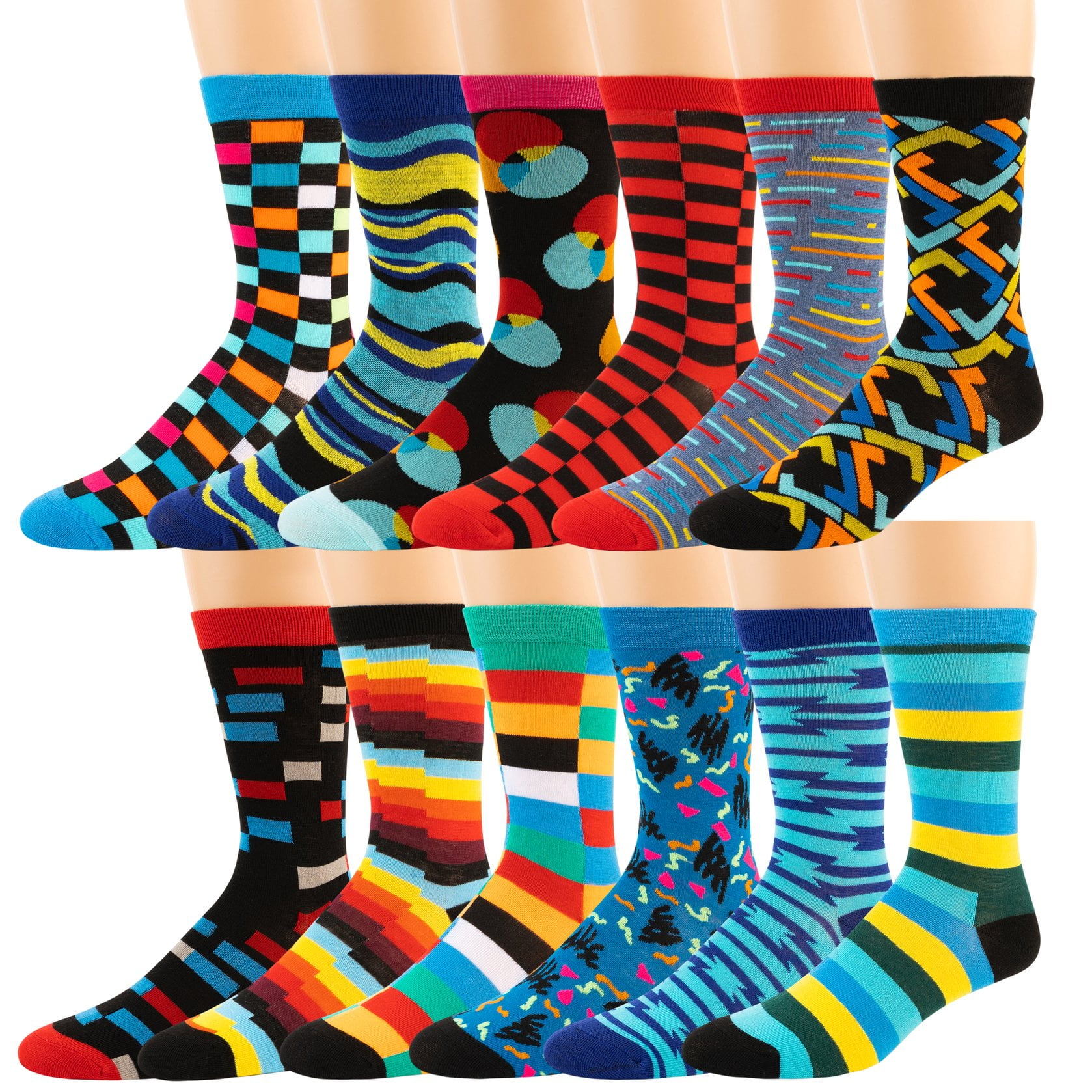 Zeke Men S Pattern Dress Funky Fun Colorful Crew Socks 12 Assorted Patterns Variation H Numeric