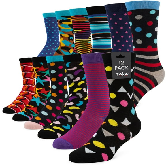 ZEKE Mens Cotton Dress Socks - 12 Pack Funky Colorful Crew Socks - Fashion Patterned Fun Striped Argyle Bright Collection, 12-16