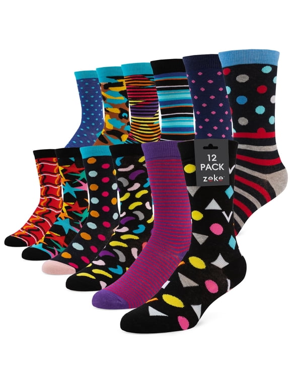 ZEKE Mens Cotton Dress Socks - 12 Pack Funky Colorful Crew Socks - Fashion Patterned Fun Striped Argyle Bright Collection, 12-16