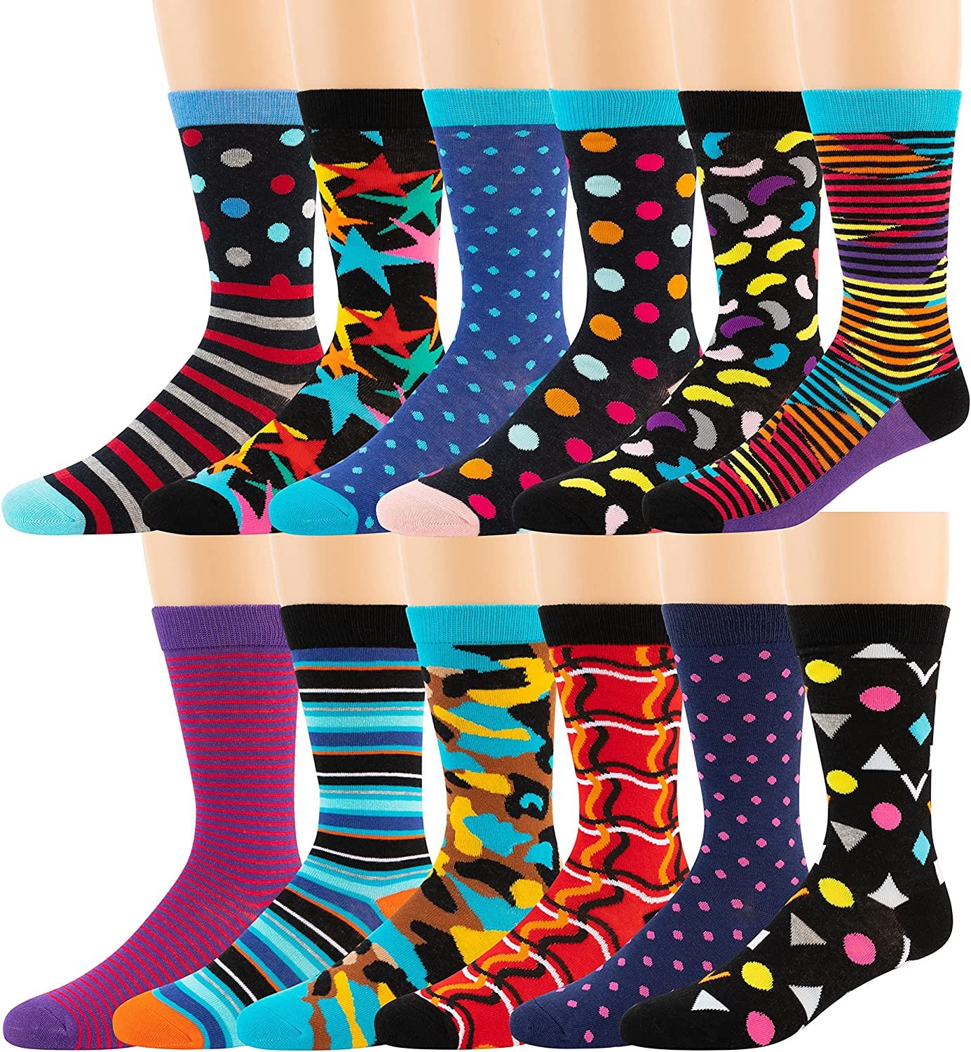 ZEKE Mens Cotton Dress Socks 12 Pack Funky Colorful Crew Socks