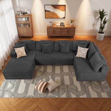 ZEKOO 135"x69" Plush Modular Sectional Sofa with Pillows-Gray