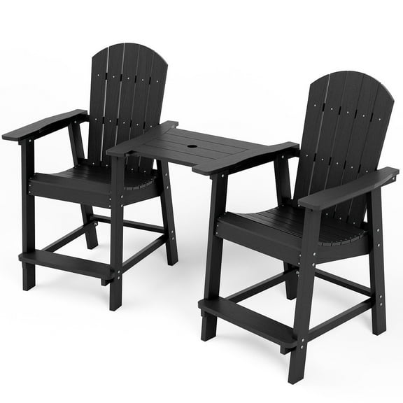 ZEKOO 3PCs Tall Adirondack Chairs, Weather Resistant HIPS Balcony Chairs with Connecting Tray and Umbrella Hole-Black