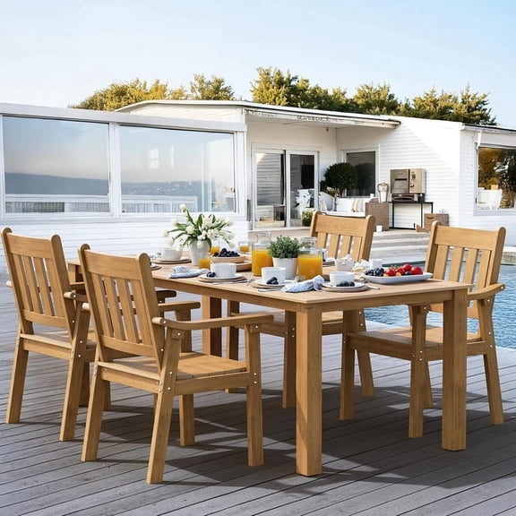 ZEKOO 5‑Piece Outdoor Patio Dining Set, All‑Weather HIPS Furniture with Aluminum Frame, 1 Table and 4 Chairs, Built‑in Umbrella Hole(Teak)
