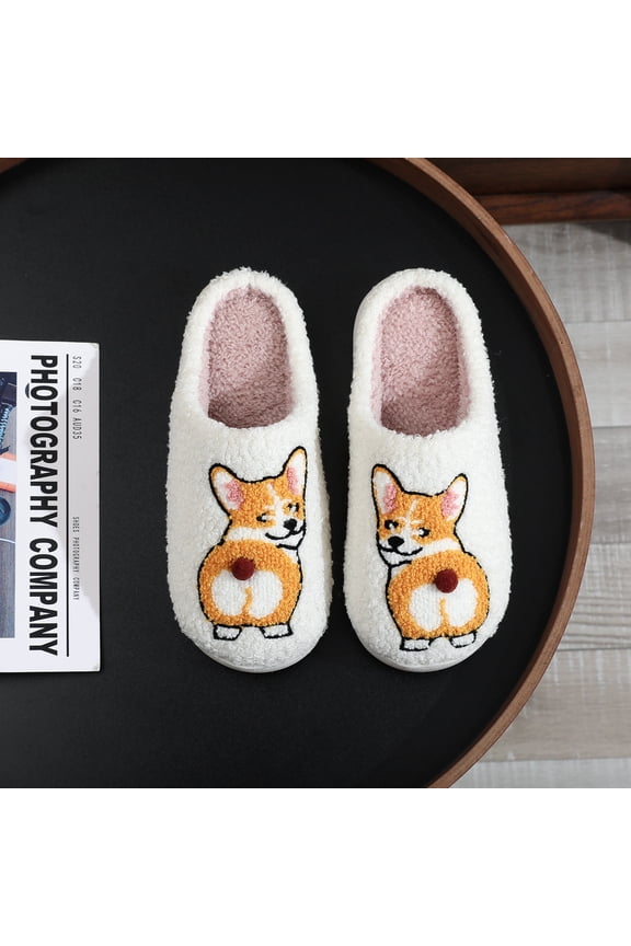 Cozy Corgi Dog Embroidered Winter House Slippers for Men & Women - Cute, Non-Slip, Plush Indoor Shoes