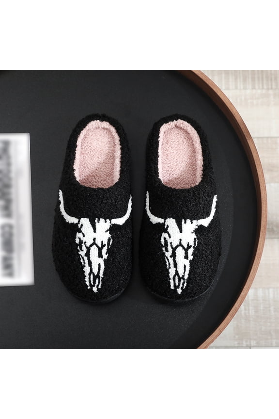 Cozy Halloween Bull Skull Skeleton Embroidered Cotton Slippers for Men & Women - Warm Winter Indoor House Shoes