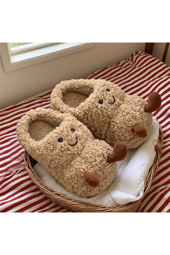 Creative 3D Peanut Plush Slippers - Funny Food Design Winter Warm House Shoes for Women & Teens, Cozy Faux Fur Indoor Mules, Thick Sole Anti-Slip Maternity Shoes, Unique Gift for Her