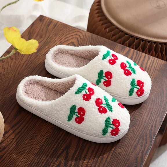 ZELAND Cute Cherry Cotton Slippers for Women & Men - Cozy Winter Indoor Plush House Shoes - Large Size Available