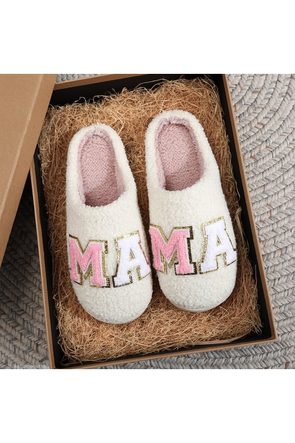 Glitter MAMA Letter Plush House Slippers for Women - Gold Edge, Warm Winter Indoor Slides, Great Thanksgiving Gift, Large Sizes Available