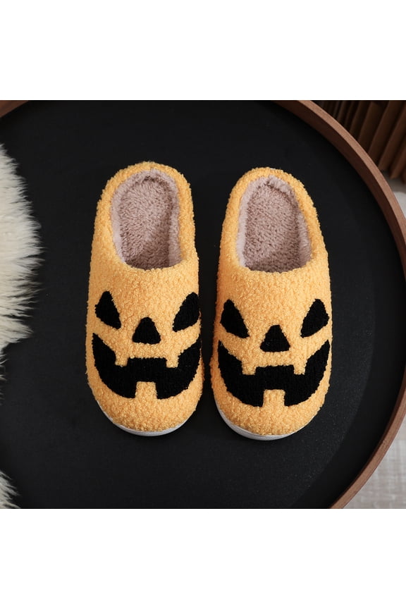 Halloween Pumpkin Ghost Unisex Couple Cotton Slippers - Warm, Thick Sole, Non-Slip Winter House Shoes