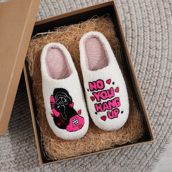 ZELAND Halloween "Scream" Ghostface Skull Plush House Slippers for Couples - Men's & Women's Warm, Thick-Sole Cotton Indoor Shoes